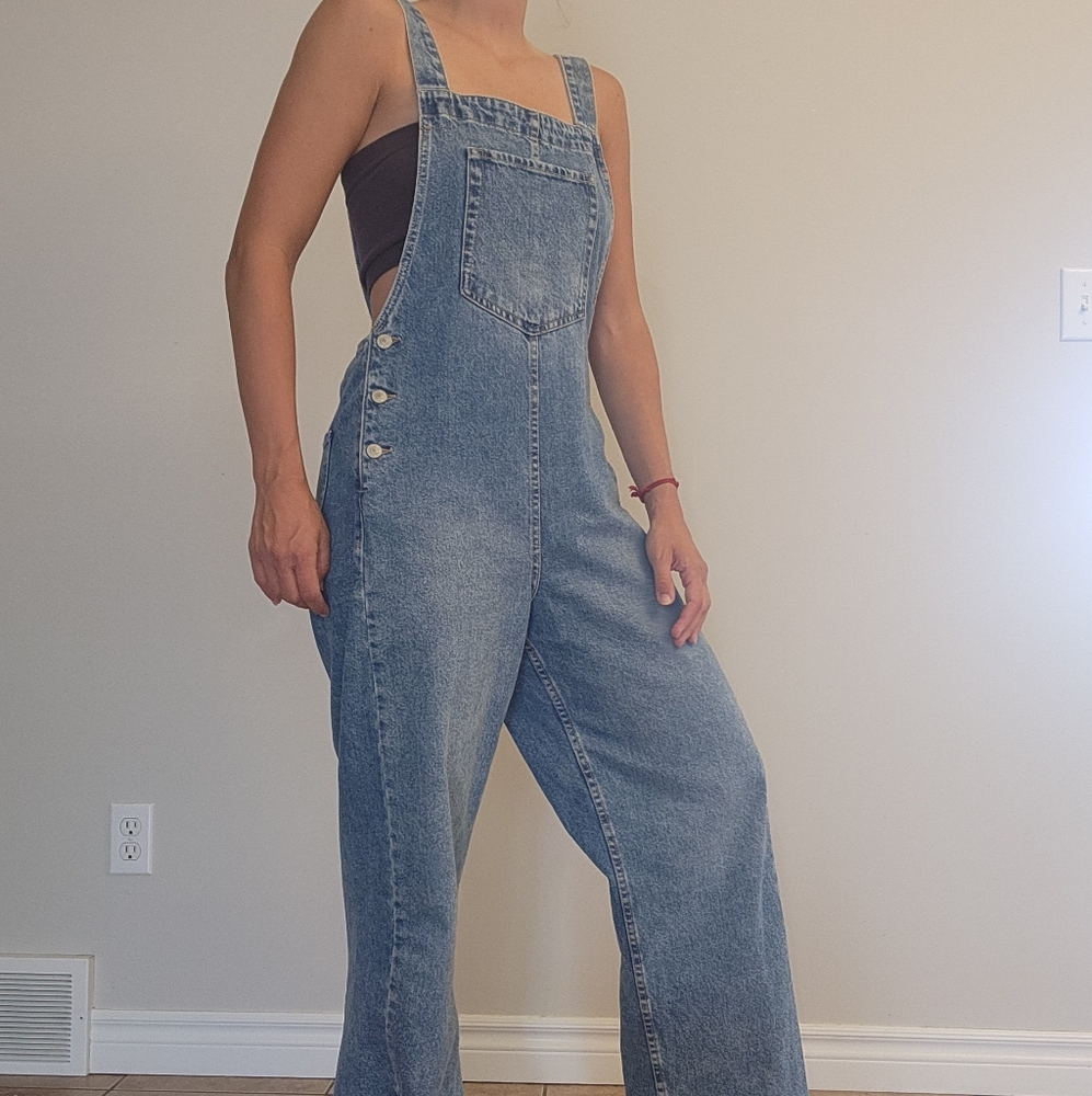 Free People Blue Denim Overalls with Distressed Detailing